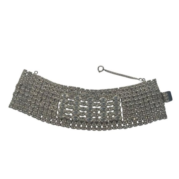 Vintage Weiss Rhinestone Bracelet Wide Silver-Tone 7" With Safety Chain Elegant - Picture 1 of 5